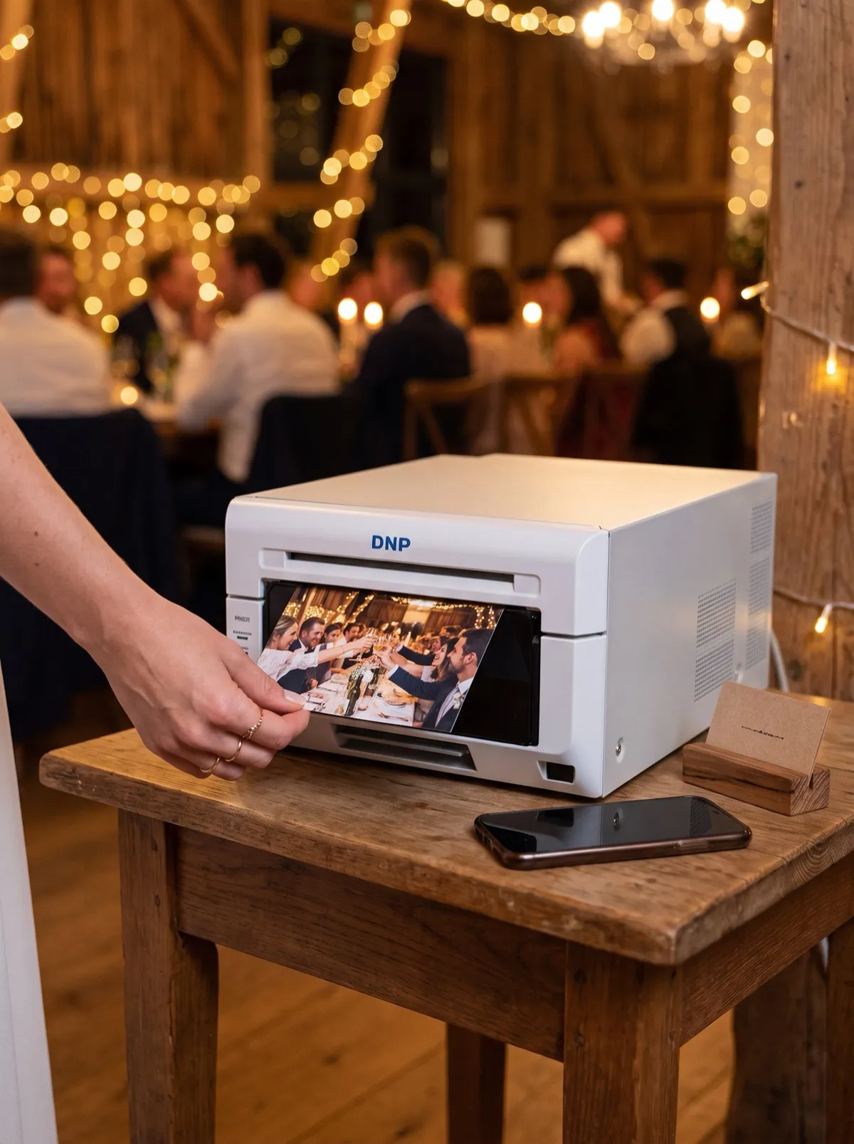 Der Fotodrucker DNP DS620 der Druckstation auf einem Holztisch an einem Hochzeitsfest in einer Scheune; ein Gast nimmt einen frisch gedruckten Abzug heraus