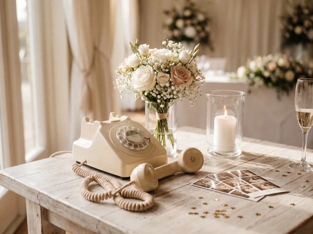 Telefono color crema con cornetta sollevata accanto a fiori e strisce fotografiche