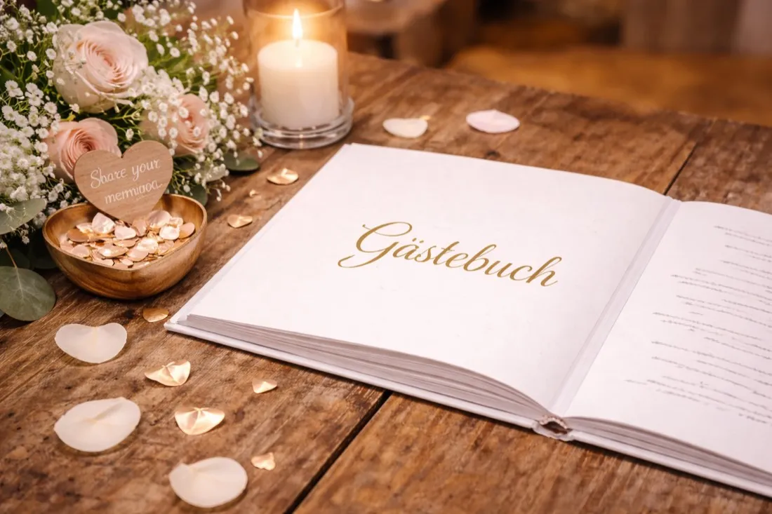 Libro degli ospiti aperto su un tavolo in legno con una candela e rose