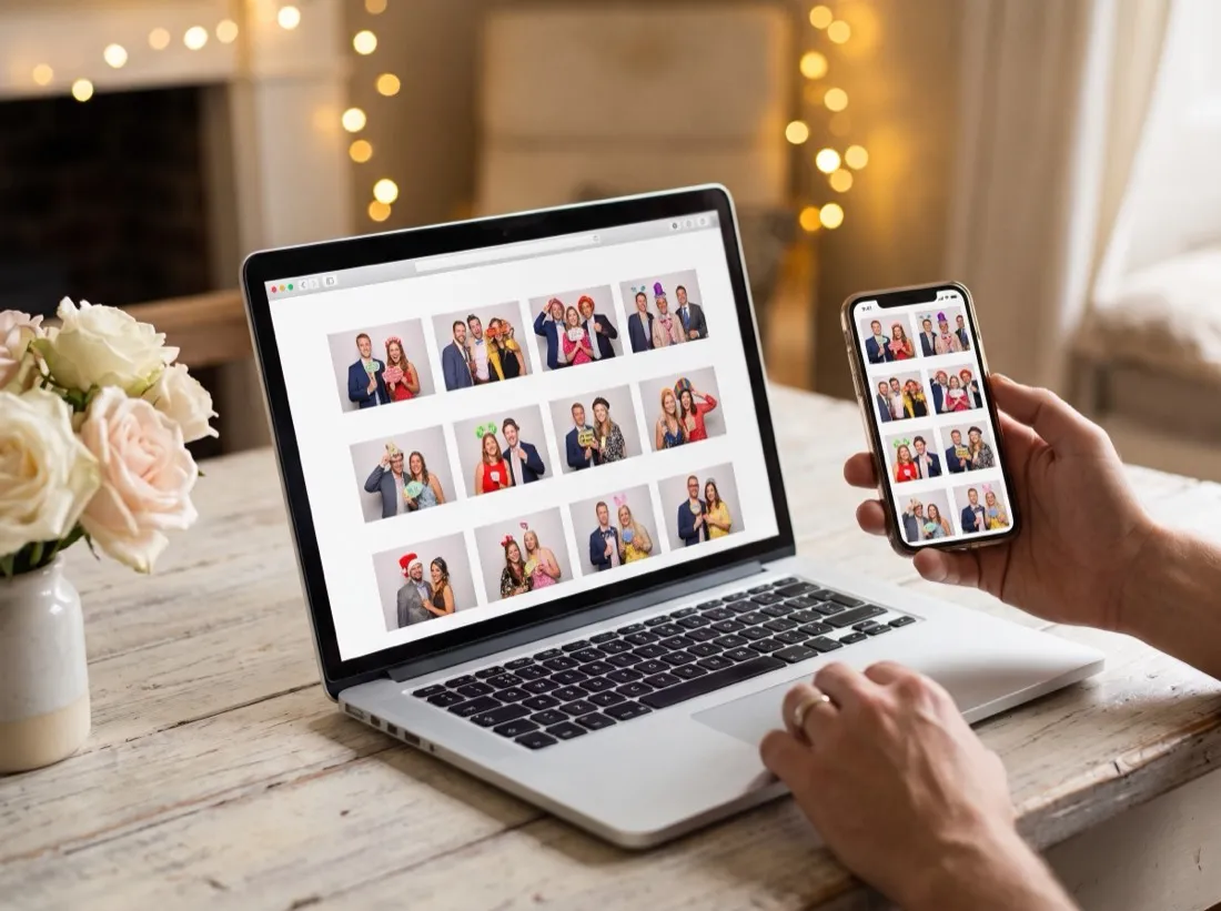Laptop e smartphone che mostrano la stessa galleria online con le immagini della cabina fotografica