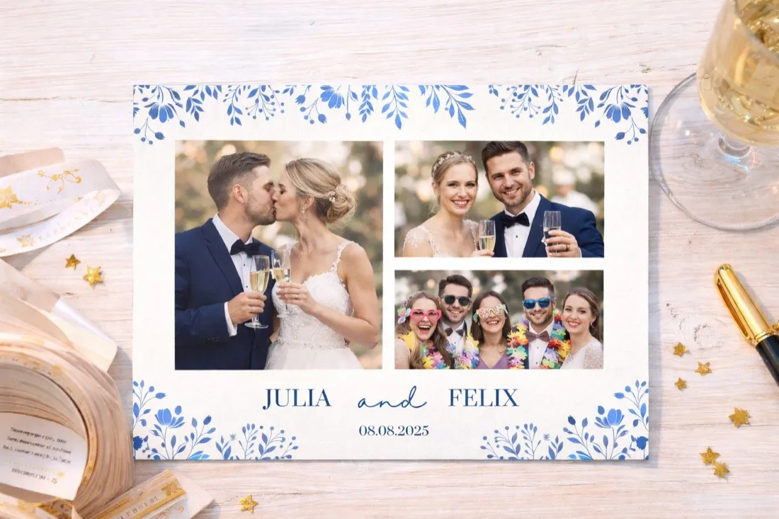 Layout fotografico stampato con tre immagini, i nomi e la data degli sposi