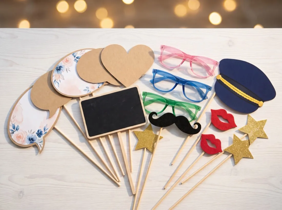 Accessori su bastoncini di legno: fumetti, occhiali, baffi e cuori