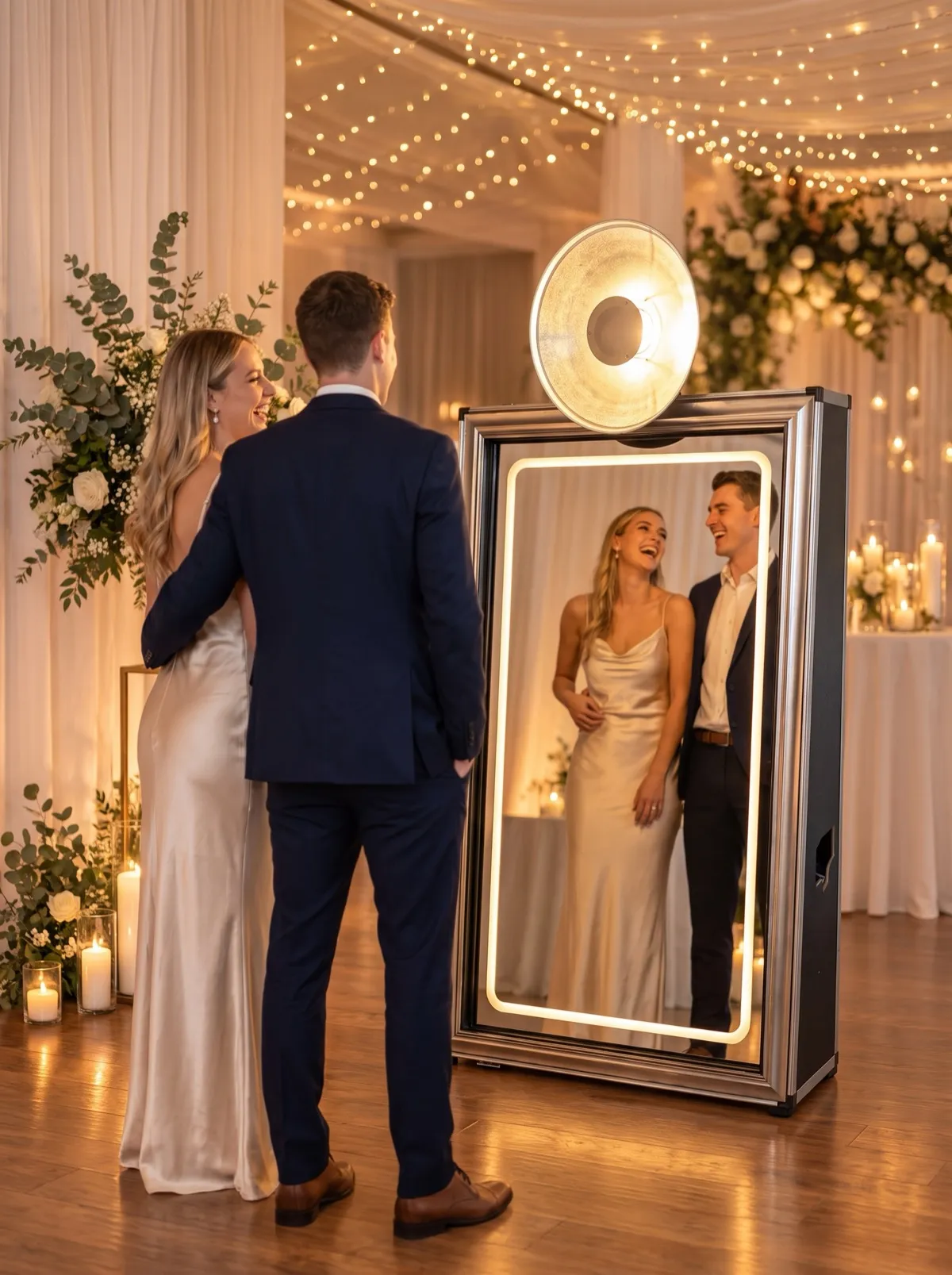 Couple posing in front of the Mirror photo booth