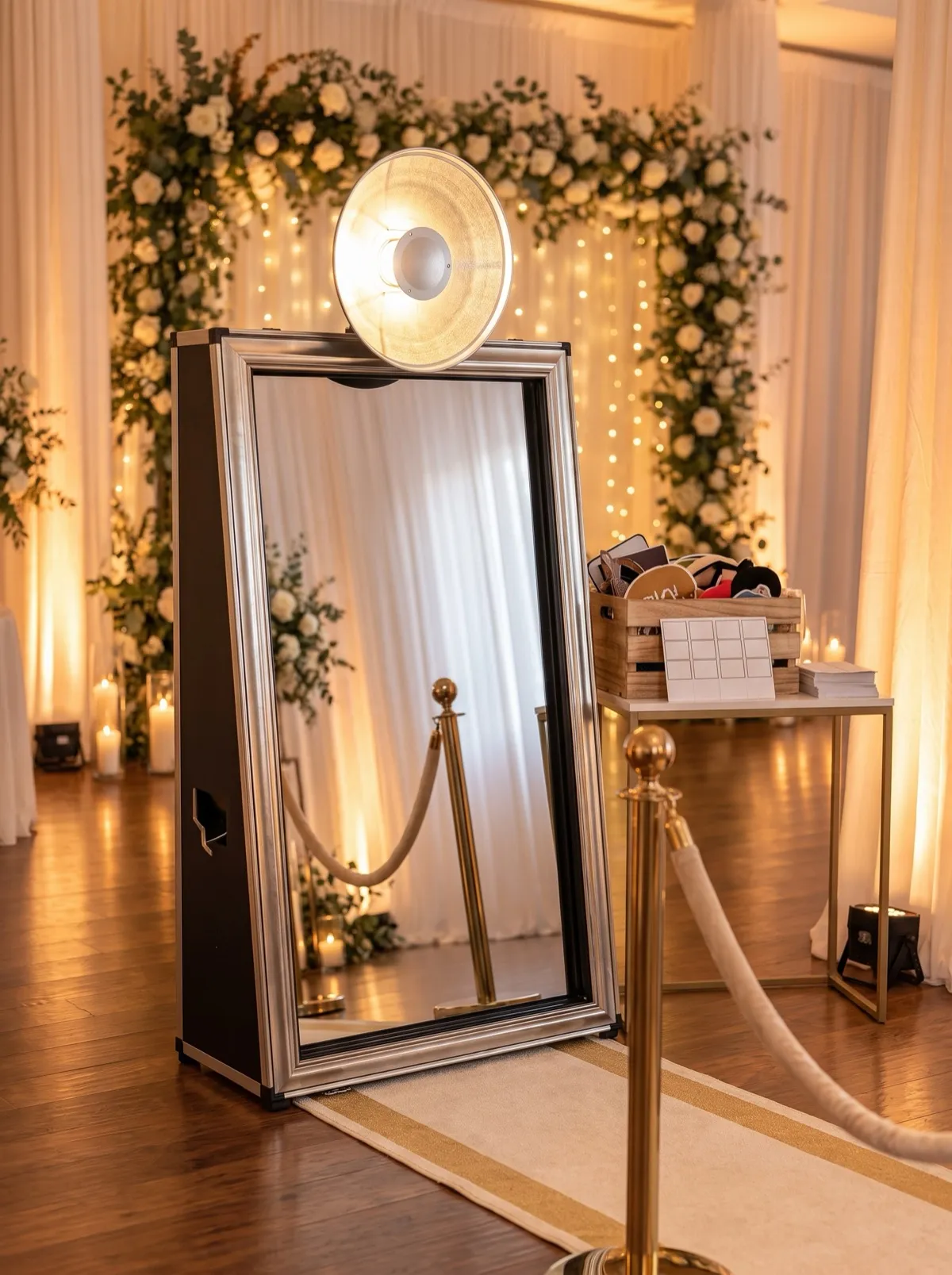 Salonda özenle düzenlenmiş bir köşede Ayna Fotobox